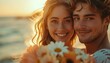 © mh.desing - couple in love embracing having romantic date on beach, man holding flowers behind his back, giving gift to his girlfriend, romantic, couple, love, beach.