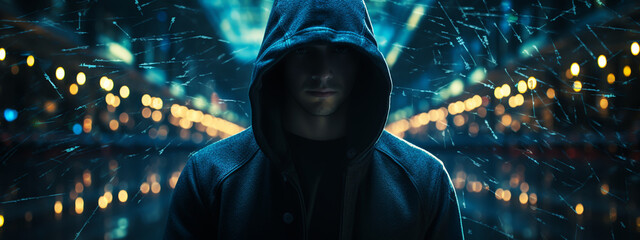 cybersecurity and hacker,coding,malware concept.Hooded computer hacker in cybersecurity on server room background.metaverse digital world technology.