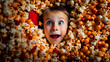 Surprised kid watching movie in cinema theater