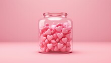 3D Render Pink Heart Inside A Jar On Pink Background. . Valentine's Concept.