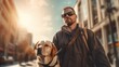 Guided by Loyalty: Man with Guide Dog Navigating the City Streets. Generative ai