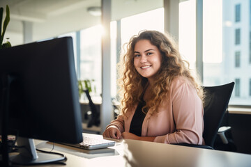 a plump woman of plus-size, a manager, in pink business clothes sits at a table in front of a monitor in a modern office, the concept of diversity