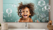Cute little baby sitting in white bathtub with foam and soap bubbles. Taking bath and playing with toys. Baby hygiene.