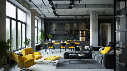 Design a visually striking and modern house interior in loft style, featuring a combination of a black concrete wall and vibrant yellow elements.