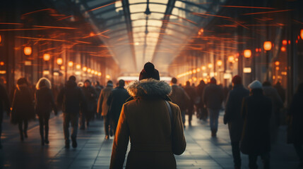 Wall Mural - people walking in the city street crowd at winter time