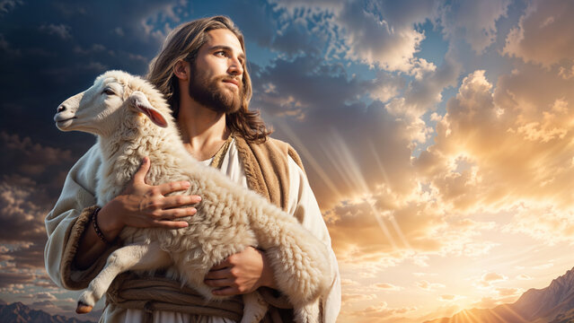 jesus christ holding a lost sheep, carrying a sheep in his arms, christianity, religion and faith co