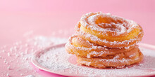 Funnel Cake On Kitchen Pink Background With Copy Space. Sweet Fried Cake Twists.