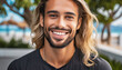 © richard - a closeup photo portrait of a handsome latino man smiling with clean teeth. for a dental ad. guy with long stylish hair and beard with strong jawline