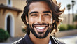 a closeup photo portrait of a handsome latino man smiling with clean teeth. for a dental ad. guy with long stylish hair and beard with strong jawline
