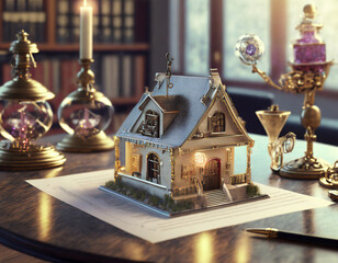 a concept holo 3d render model of a small living house on a table in a real estate agency. signing mortgage contract document and demonstrating. futuristic business. blurry background