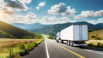 a white cargo truck with a white blank empty trailer for ad on a highway road in the united states. beautiful nature mountains and sky. driving in motion