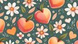 cartoon Seamless pattern with orange peach fruit, daisy flower and heart shape flower branch on pink background vector. Cute fruit print.