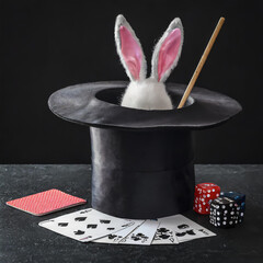 Illusionist hat, stick, playing cards and rabbit ears on black background