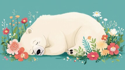 Wall Mural - A polar bear sleeping in the middle of flowers
