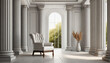 Minimalist interior of a room with classic columns and armchair