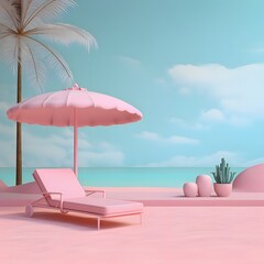 Poster - Pink lounger, umbrella and palm trees on the beach, Barbie style.