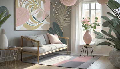 Wall Mural - Modern Scandinavian sanctuary with a feminine twist. Muted pastels, clean lines. Scandinavian furniture, minimalist decor. Feminine details like soft pastel textiles and modern floral prints create a 