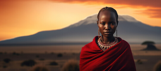 masai woman in red shuka on african savanna at dusk