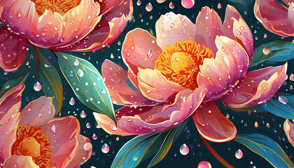 Wall Mural - Playful peony pattern paradise flower with water drops on petals