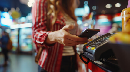 Woman with smartphone using contactless payment to pay cashier in supermarket