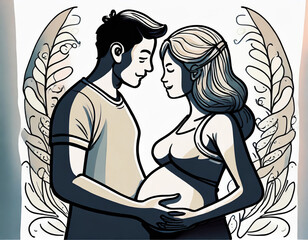 Wall Mural - Prenatal couple line art style with white background