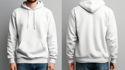 Front view of white hoodie mockup template for sweatshirt design on white wall background