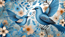 Seamless Floral Pattern With Blue Birds Of The Same Color
