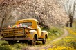 yellow spring truck with flowers, easter eggs and blossoming trees