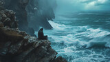 Fototapeta  - silhouette of a solitary person sitting on a rocky shore of a raging ocean and against the background of an incredibly beautiful cloudy sky
