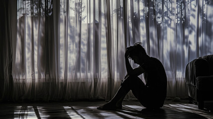 Canvas Print - Silhouette of a person sitting on the floor holding head with their hands