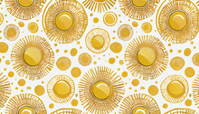 Abstract Yellow Suns Seamless Pattern On White Background. Geometric Circle Repeat Pattern In Minimalist Style. Farbric, Paper, Clothing Summer Design