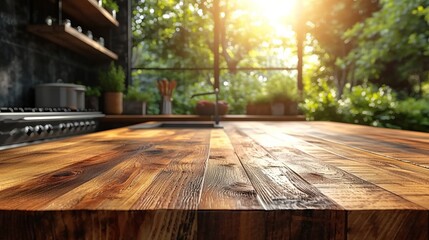 Poster - An empty beautiful wood table top counter and a blurry background in a clean and bright modern kitchen interior.