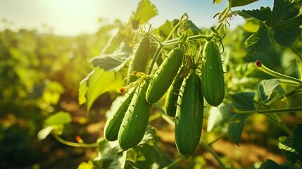 Wall Mural - Vibrant and fresh cucumbers harvest growing on an open plantation under the warm summer sun.