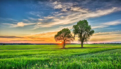 HDR landscape with two trees in a field at sunset