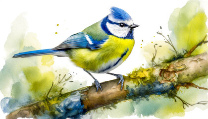 Wall Mural - bluetit bird Cyanistes caeruleus isolated white background watercolor art design