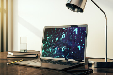 Wall Mural - creative abstract binary code sketch on modern laptop monitor, hacking and matrix concept. 3d render