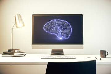 Wall Mural - modern computer monitor with creative artificial intelligence symbol. neural networks and machine le