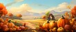 Fairy tale illustration; pumpkins flowers fields with mountains in background. Banner. Pumpkin as a dish of thanksgiving for the harvest.