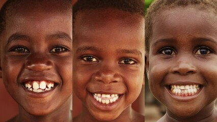 Wall Mural - Split Screen Collage: Vertical Close Up Portraits Of Three African Children, Laughing and Smiling to the Camera, Little Faces Full Of Joy and Life. Camera Captures Beauty Of Childhood