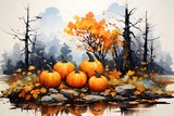 Fototapeta  - Painted drawing; pumpkins on an island, dry autumn trees and Mirror reflection in water, watercolor, paint. Pumpkin as a dish of thanksgiving for the harvest.