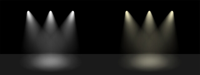 Poster - White and yellow spot lights. Shiny bright rays on dark background as concert scene or stage. Glowing lamp projectors as illuminated studio.