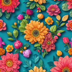 Colorful floral pattern featuring a mix of bright sunflowers, roses, and other blooms, intertwined with green foliage on a teal background