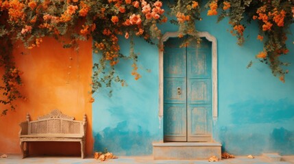 Wall Mural - A bench sitting in front of a blue and orange wall