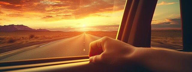 Wall Mural - View from inside the car. Road trip with sunset. Travel and vacation. 