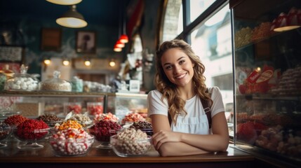 Sticker - A woman sitting in front of a counter with lots of candy