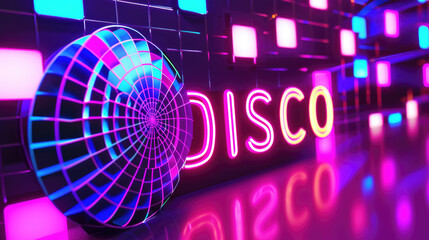 Wall Mural - Vibrant purple neon DISCO sign in retro 90s style glowing maximalist background