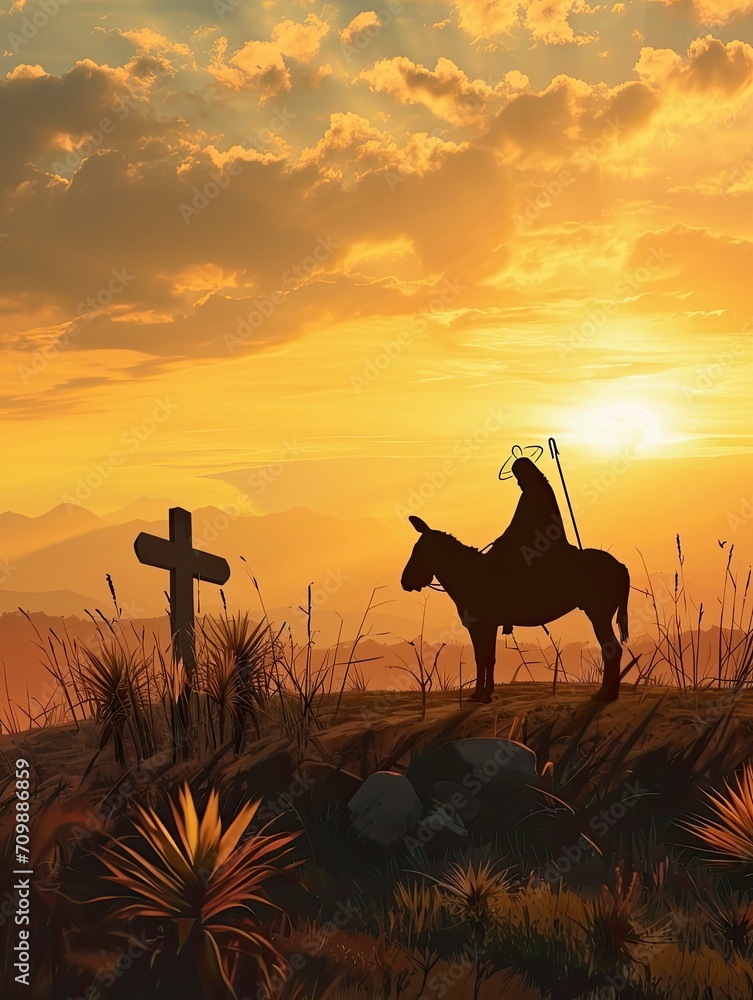 Palm Sunday concept: Silhouette Jesus Christ riding donkey with tomb ...