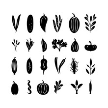 Vegetables Black Silhouette Icons. Many Kinds Of Black Vegetable Art And Vector Illustration
