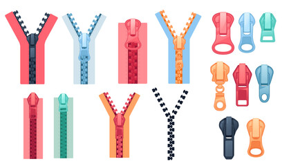 Set of fastener puller and zippers clothing textile accessories vector illustration isolated on white background
