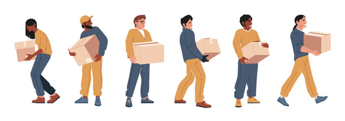 Wall Mural - People moving out with boxes. Man and woman holding moving and loading carton boxes with belongings, moving and packing service. Vector cartoon illustration. Characters carrying huge packages